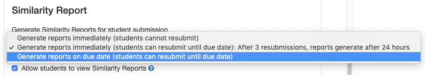 Screenshot of Turnitin Similarity Report options